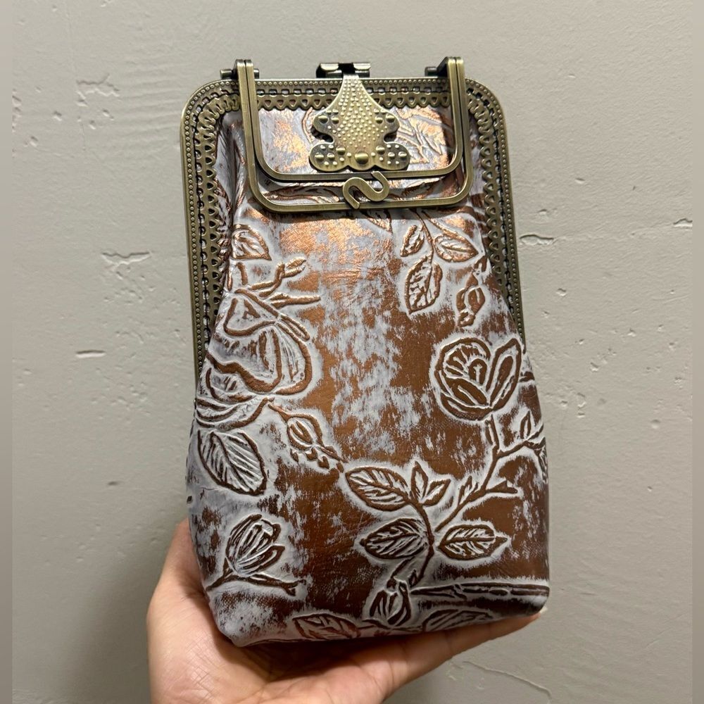 Floral Embossed Cowhide Leather Handmade Push-lock Phone Case/Pouch/Crossbody